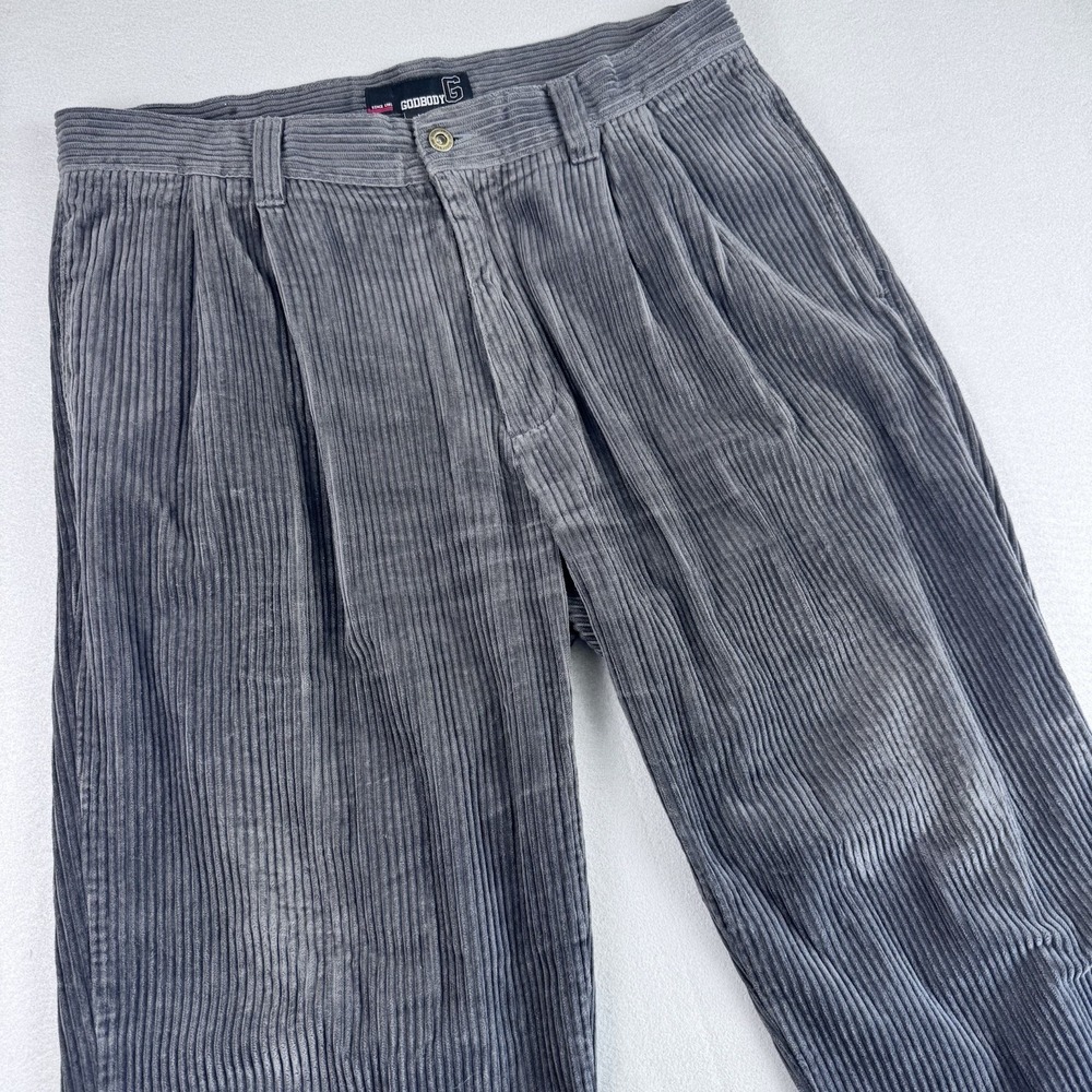 Vintage Godbody Corduroy Pants‎ Men 38x32 Gray Pleated Wide Leg Baggy Y2K Skater